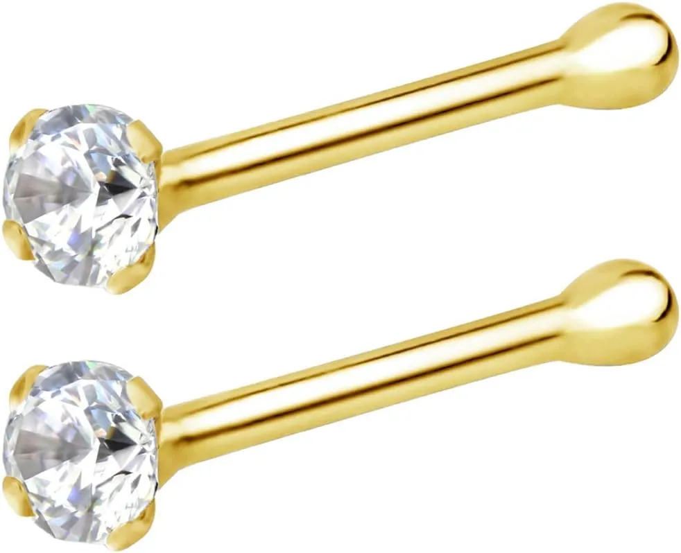 Forbidden Body Jewelry FBJ 14k Nose Ring, 22g, Solid 7mm Micro Stud, 2mm CZ Simulated Diamond, Non-Irritating Skin Safe Real Gold, Women/Men (Sold Individually)