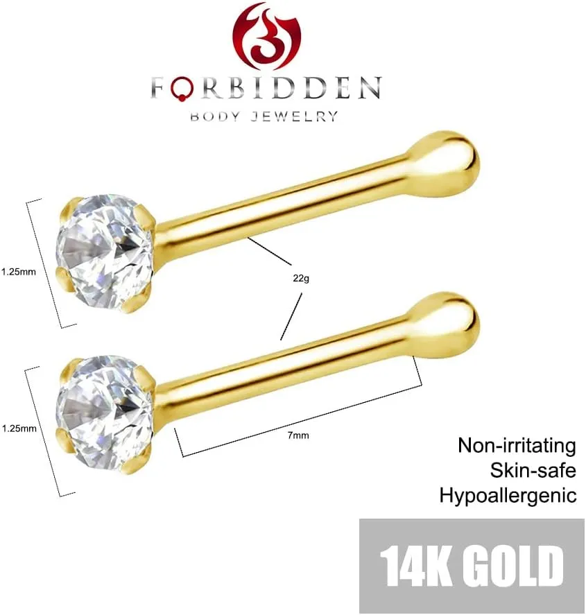 Forbidden Body Jewelry FBJ 14k Nose Ring, 22g, Solid 7mm Micro Stud, 2mm CZ Simulated Diamond, Non-Irritating Skin Safe Real Gold, Women/Men (Sold Individually)