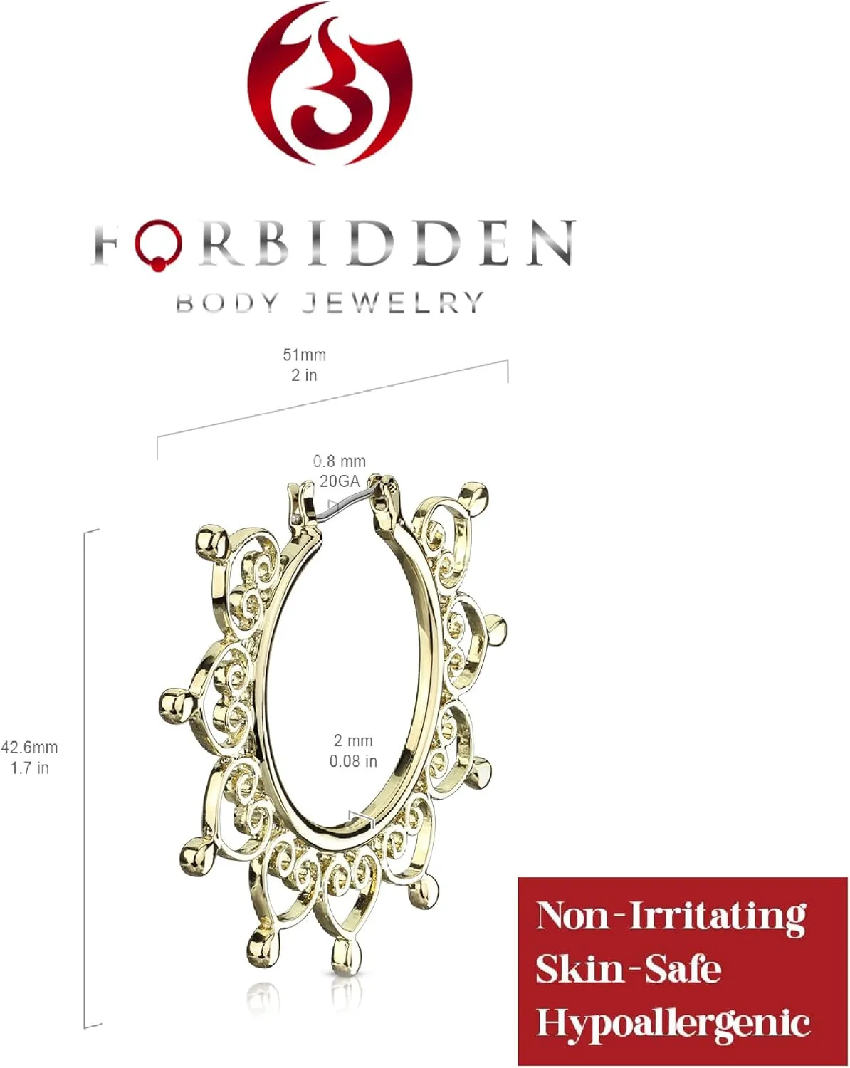 Forbidden Body Jewelry Heart Filigree Earrings, Silver Tone, 2 Inch Women's Hoops With Surgical Steel Posts