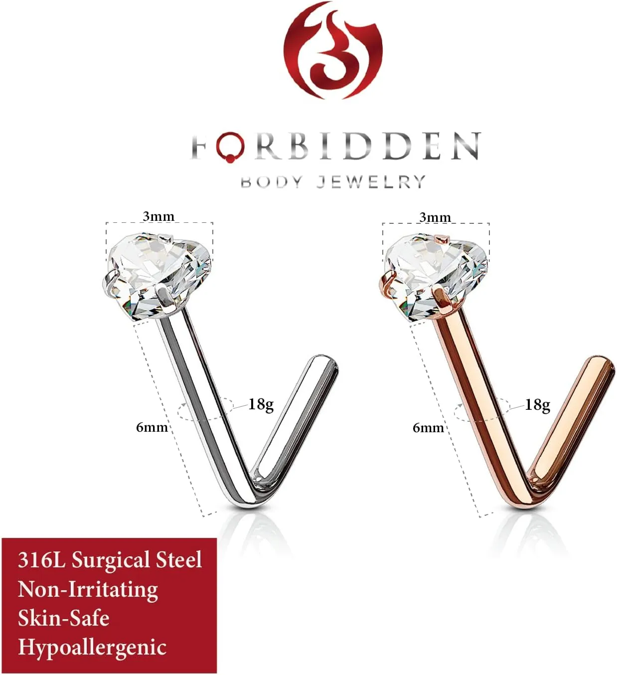 Forbidden Body Jewelry Heart Nose Stud and Ring - L Shaped Nose Rings, 18g 6mm Surgical Steel with 3mm Heart CZ Crystal