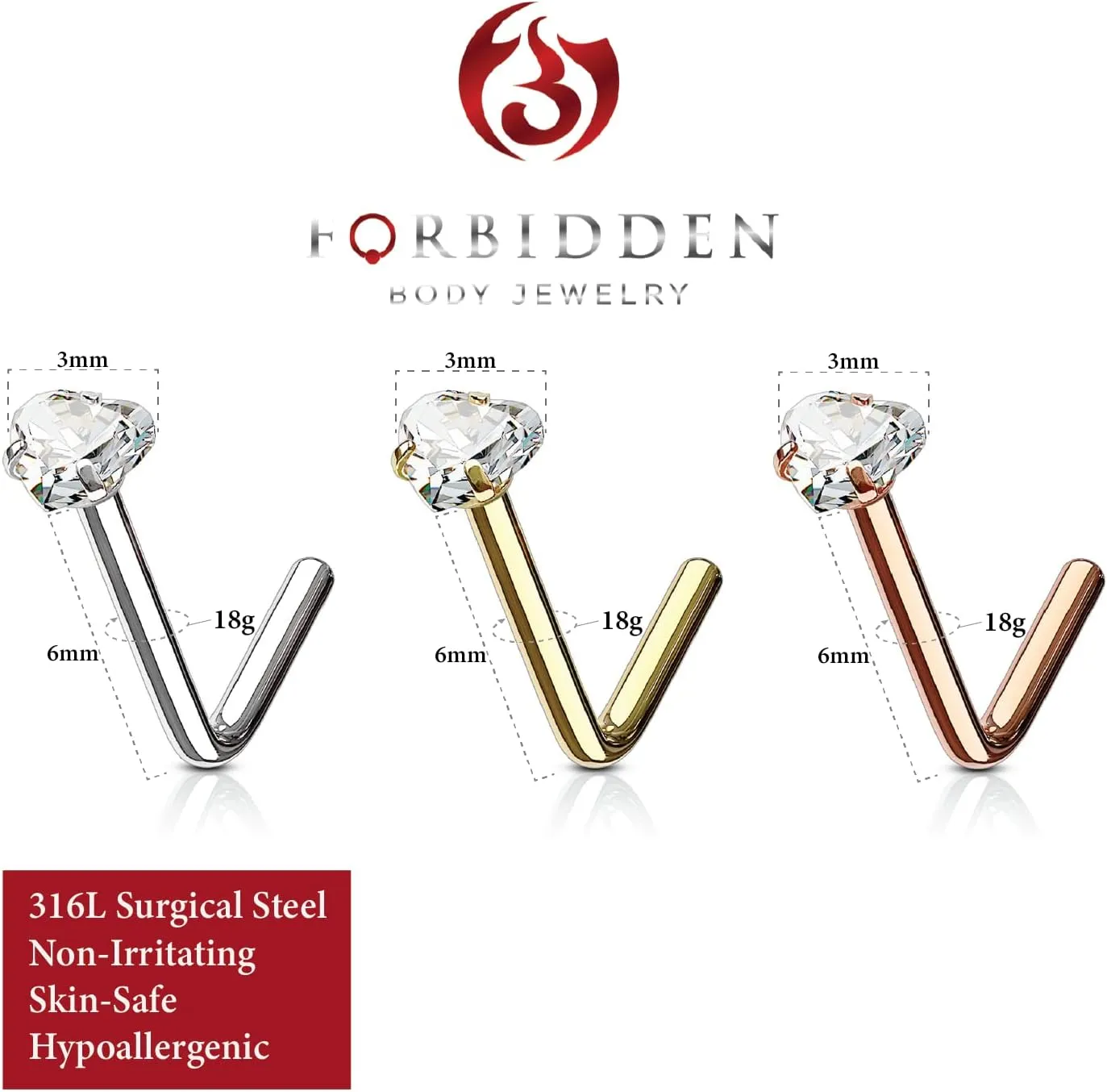 Forbidden Body Jewelry Heart Nose Stud and Ring - L Shaped Nose Rings, 18g 6mm Surgical Steel with 3mm Heart CZ Crystal