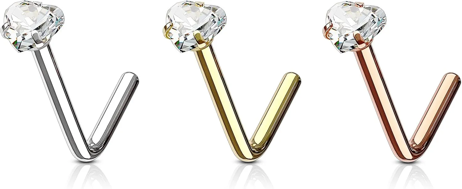 Forbidden Body Jewelry Heart Nose Stud and Ring - L Shaped Nose Rings, 18g 6mm Surgical Steel with 3mm Heart CZ Crystal