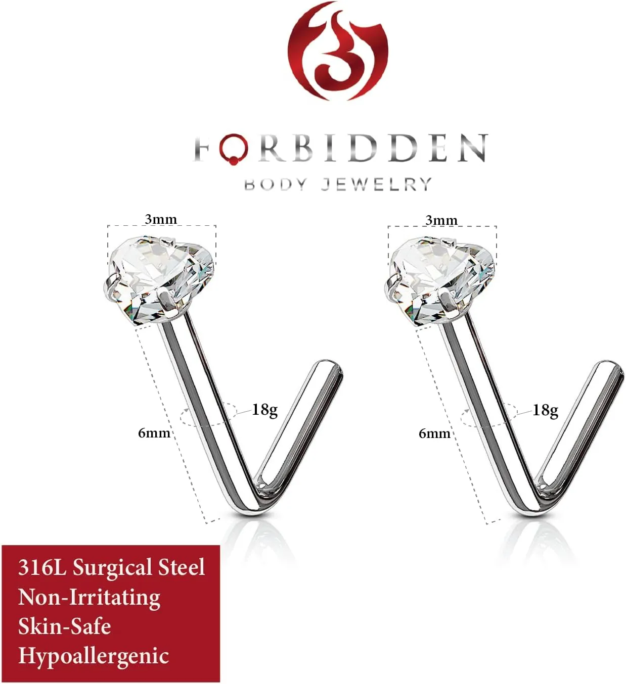 Forbidden Body Jewelry Heart Nose Stud and Ring - L Shaped Nose Rings, 18g 6mm Surgical Steel with 3mm Heart CZ Crystal