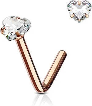 Forbidden Body Jewelry Heart Nose Stud and Ring - L Shaped Nose Rings, 18g 6mm Surgical Steel with 3mm Heart CZ Crystal