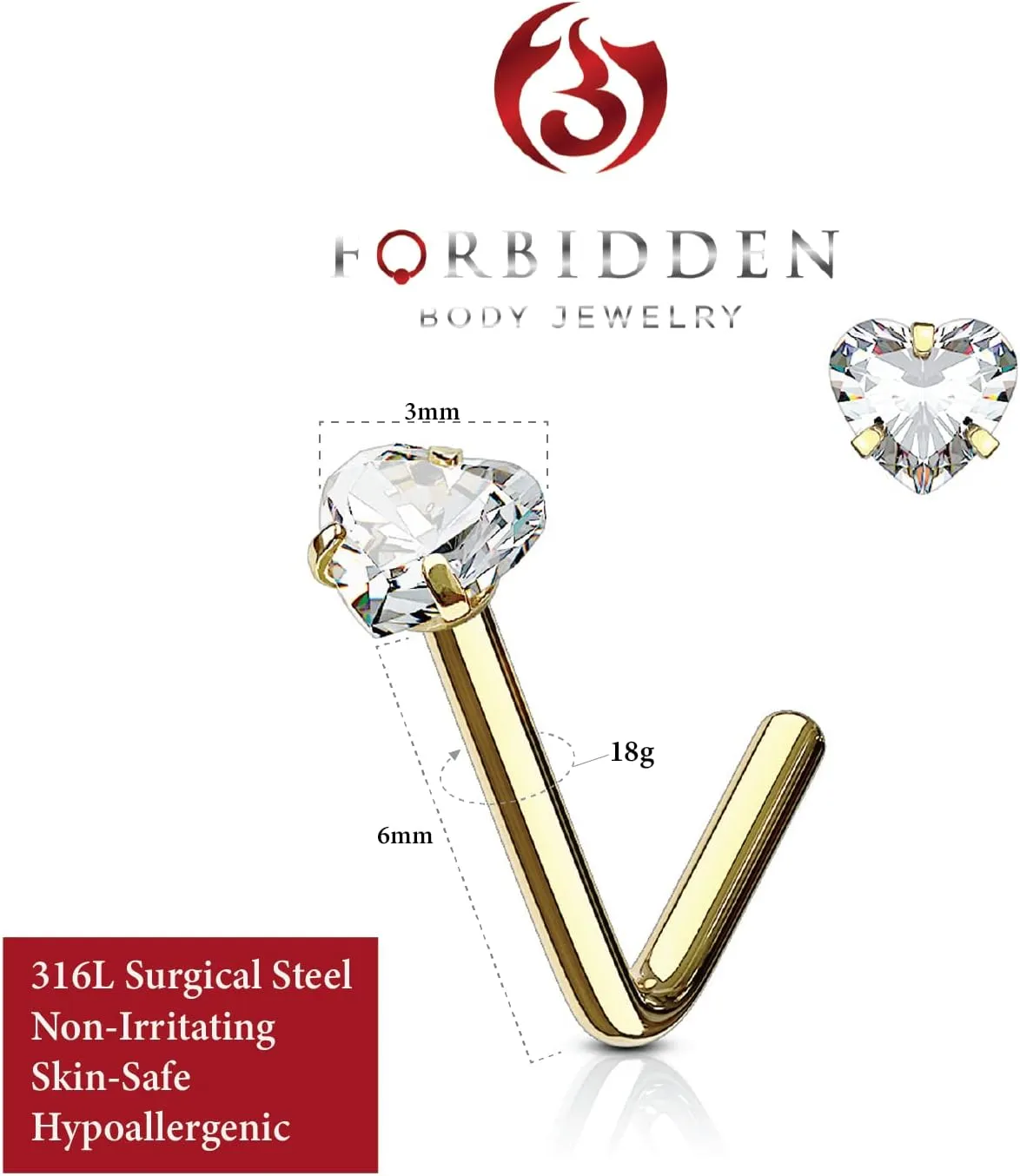 Forbidden Body Jewelry Heart Nose Stud and Ring - L Shaped Nose Rings, 18g 6mm Surgical Steel with 3mm Heart CZ Crystal