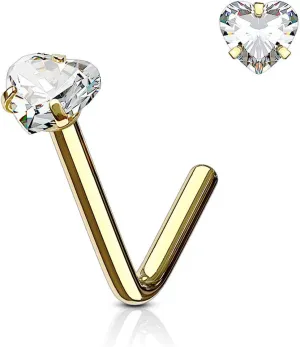 Forbidden Body Jewelry Heart Nose Stud and Ring - L Shaped Nose Rings, 18g 6mm Surgical Steel with 3mm Heart CZ Crystal