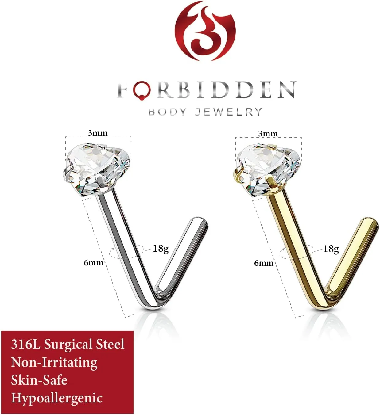 Forbidden Body Jewelry Heart Nose Stud and Ring - L Shaped Nose Rings, 18g 6mm Surgical Steel with 3mm Heart CZ Crystal