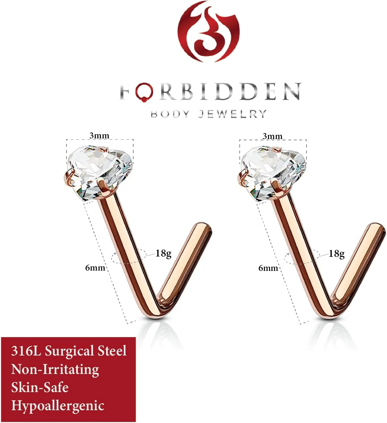 Forbidden Body Jewelry Heart Nose Stud and Ring - L Shaped Nose Rings, 18g 6mm Surgical Steel with 3mm Heart CZ Crystal