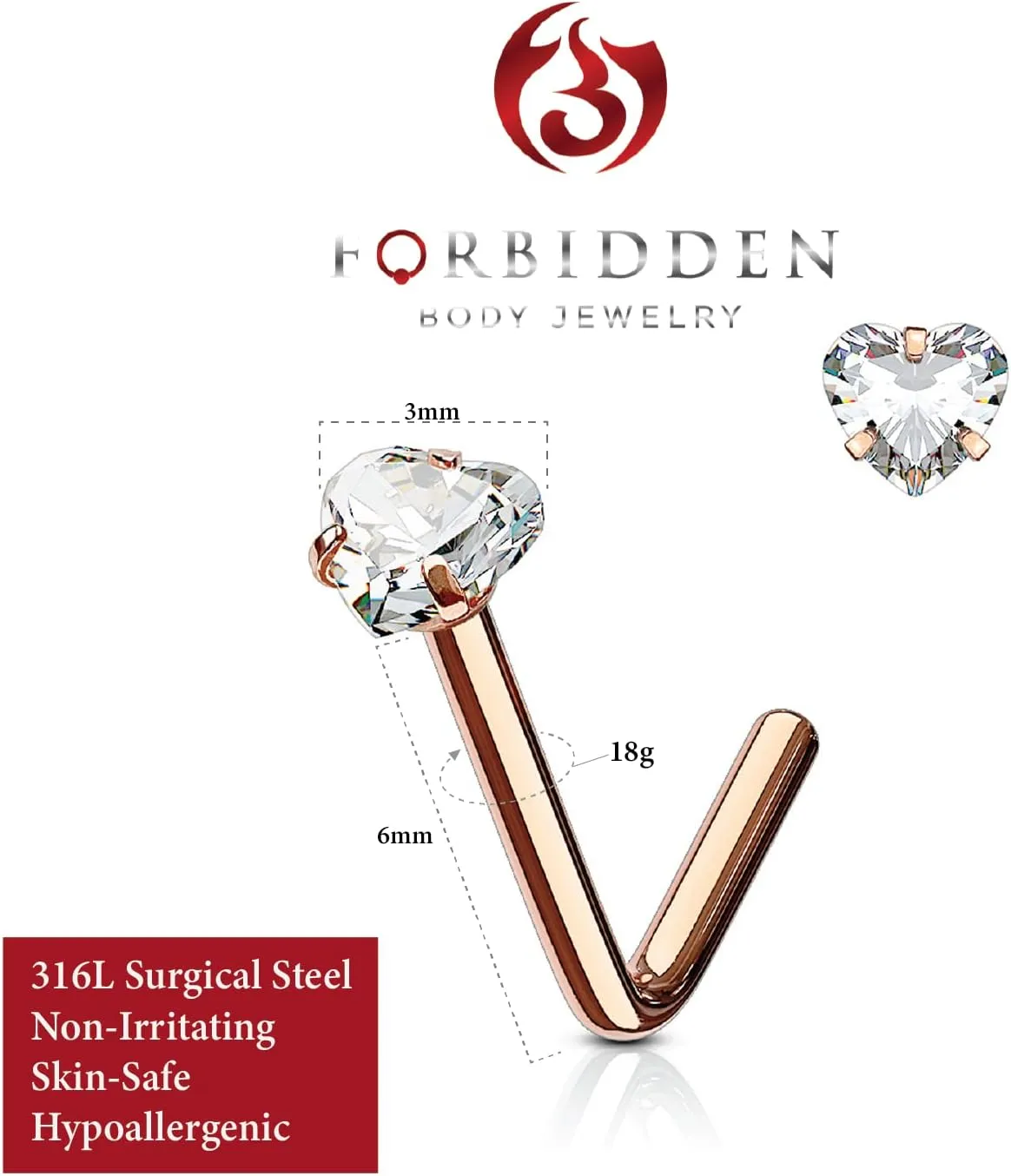 Forbidden Body Jewelry Heart Nose Stud and Ring - L Shaped Nose Rings, 18g 6mm Surgical Steel with 3mm Heart CZ Crystal