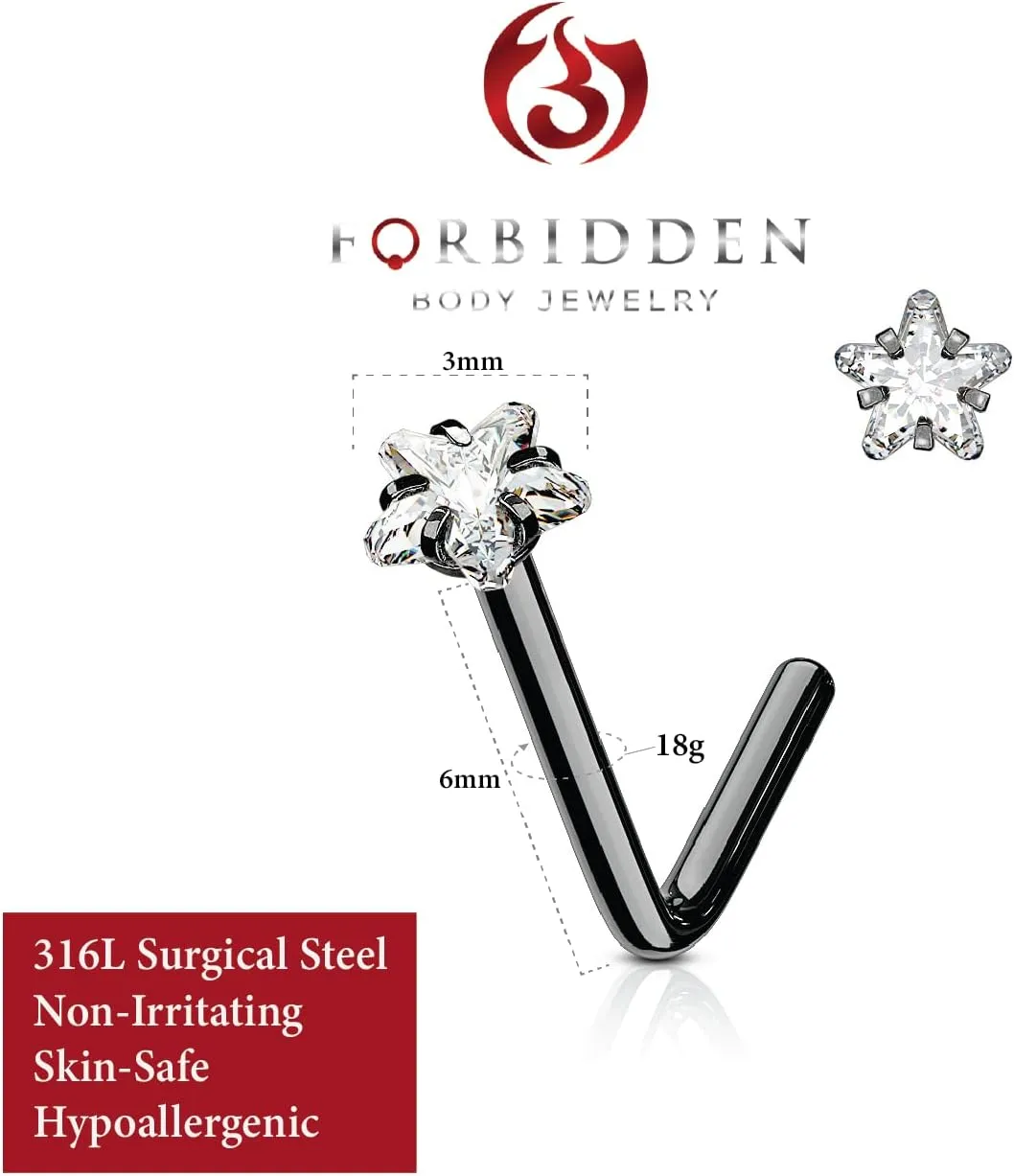 Forbidden Body Jewelry Nose Rings L Shaped, 18g/20g Surgical Steel Nose Ring, Star Nose Ring, 3mm CZ Star Top L-Shaped Nose Stud (Choose Gauge/Color)
