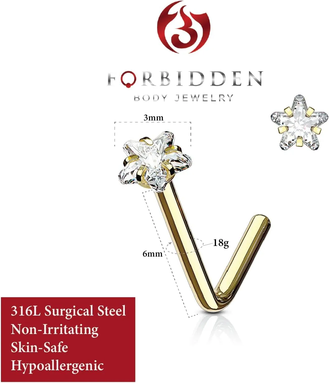 Forbidden Body Jewelry Nose Rings L Shaped, 18g/20g Surgical Steel Nose Ring, Star Nose Ring, 3mm CZ Star Top L-Shaped Nose Stud (Choose Gauge/Color)