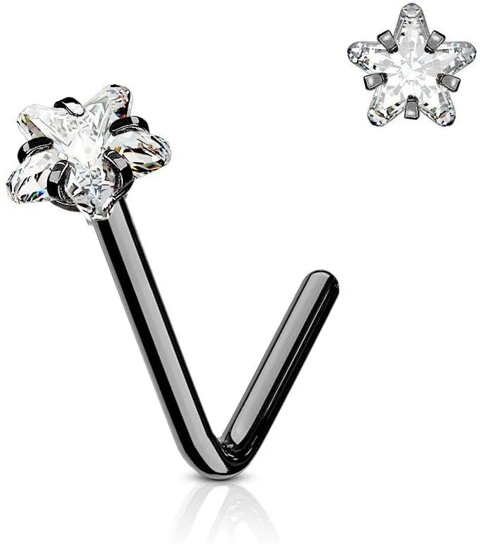 Forbidden Body Jewelry Nose Rings L Shaped, 18g/20g Surgical Steel Nose Ring, Star Nose Ring, 3mm CZ Star Top L-Shaped Nose Stud (Choose Gauge/Color)