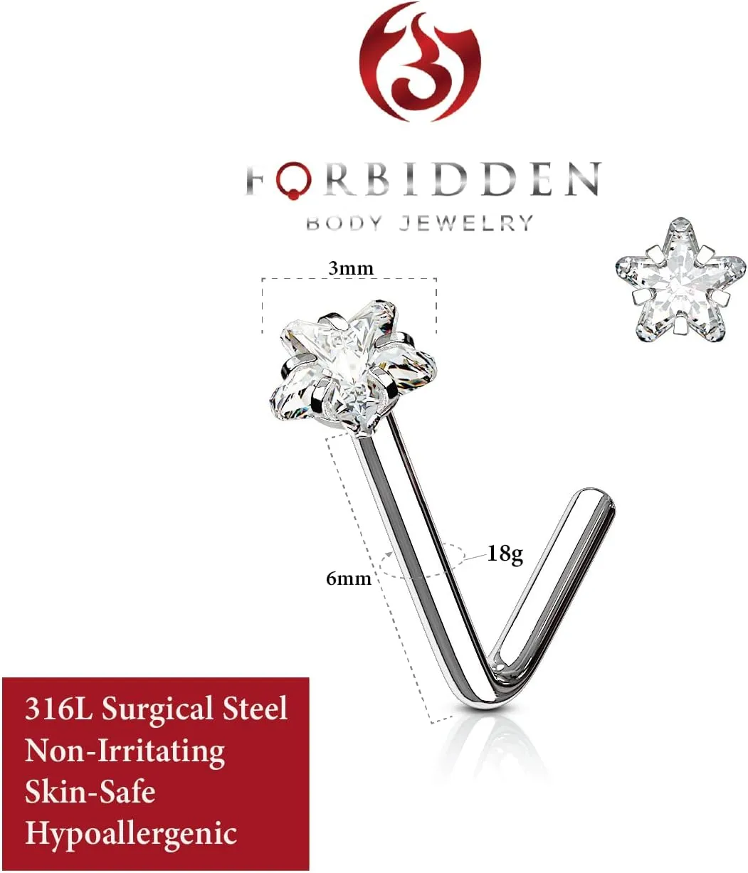 Forbidden Body Jewelry Nose Rings L Shaped, 18g/20g Surgical Steel Nose Ring, Star Nose Ring, 3mm CZ Star Top L-Shaped Nose Stud (Choose Gauge/Color)