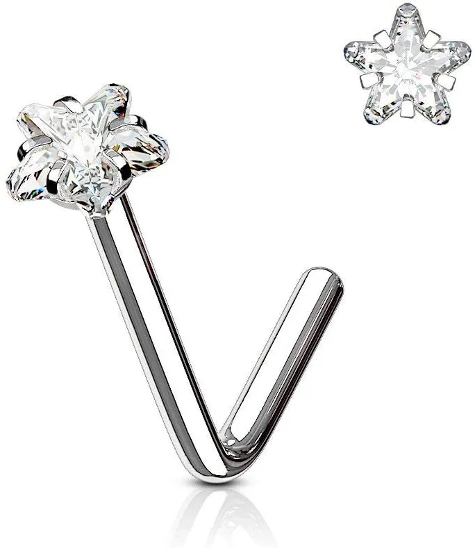Forbidden Body Jewelry Nose Rings L Shaped, 18g/20g Surgical Steel Nose Ring, Star Nose Ring, 3mm CZ Star Top L-Shaped Nose Stud (Choose Gauge/Color)