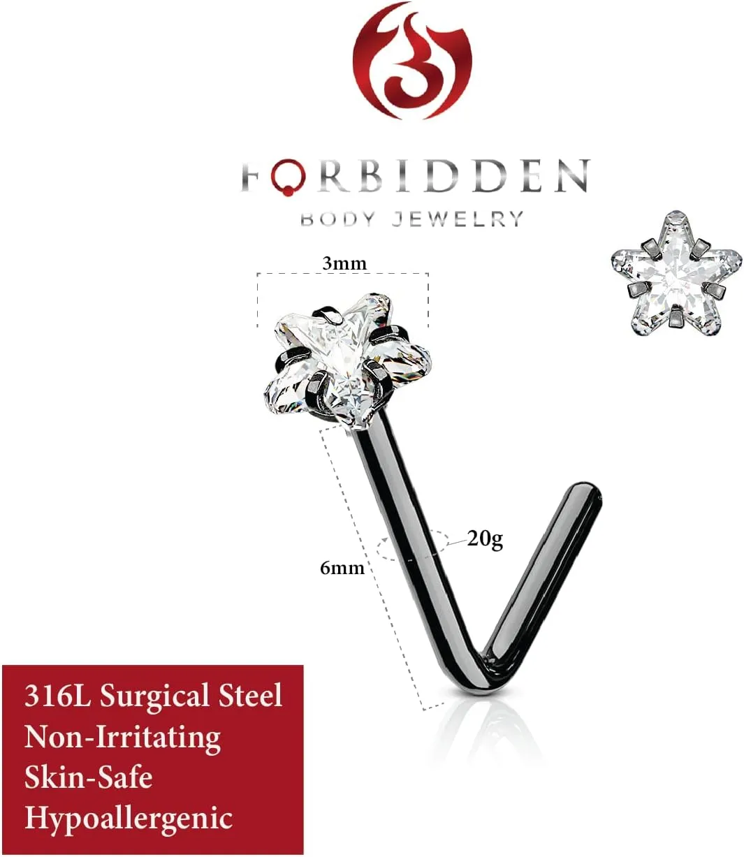 Forbidden Body Jewelry Nose Rings L Shaped, 18g/20g Surgical Steel Nose Ring, Star Nose Ring, 3mm CZ Star Top L-Shaped Nose Stud (Choose Gauge/Color)