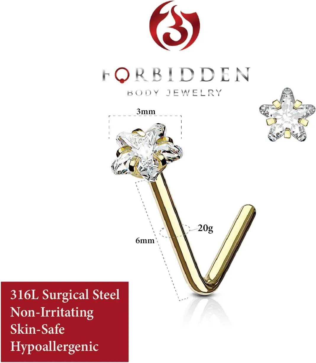 Forbidden Body Jewelry Nose Rings L Shaped, 18g/20g Surgical Steel Nose Ring, Star Nose Ring, 3mm CZ Star Top L-Shaped Nose Stud (Choose Gauge/Color)