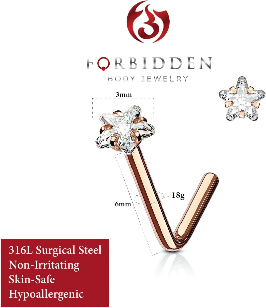 Forbidden Body Jewelry Nose Rings L Shaped, 18g/20g Surgical Steel Nose Ring, Star Nose Ring, 3mm CZ Star Top L-Shaped Nose Stud (Choose Gauge/Color)