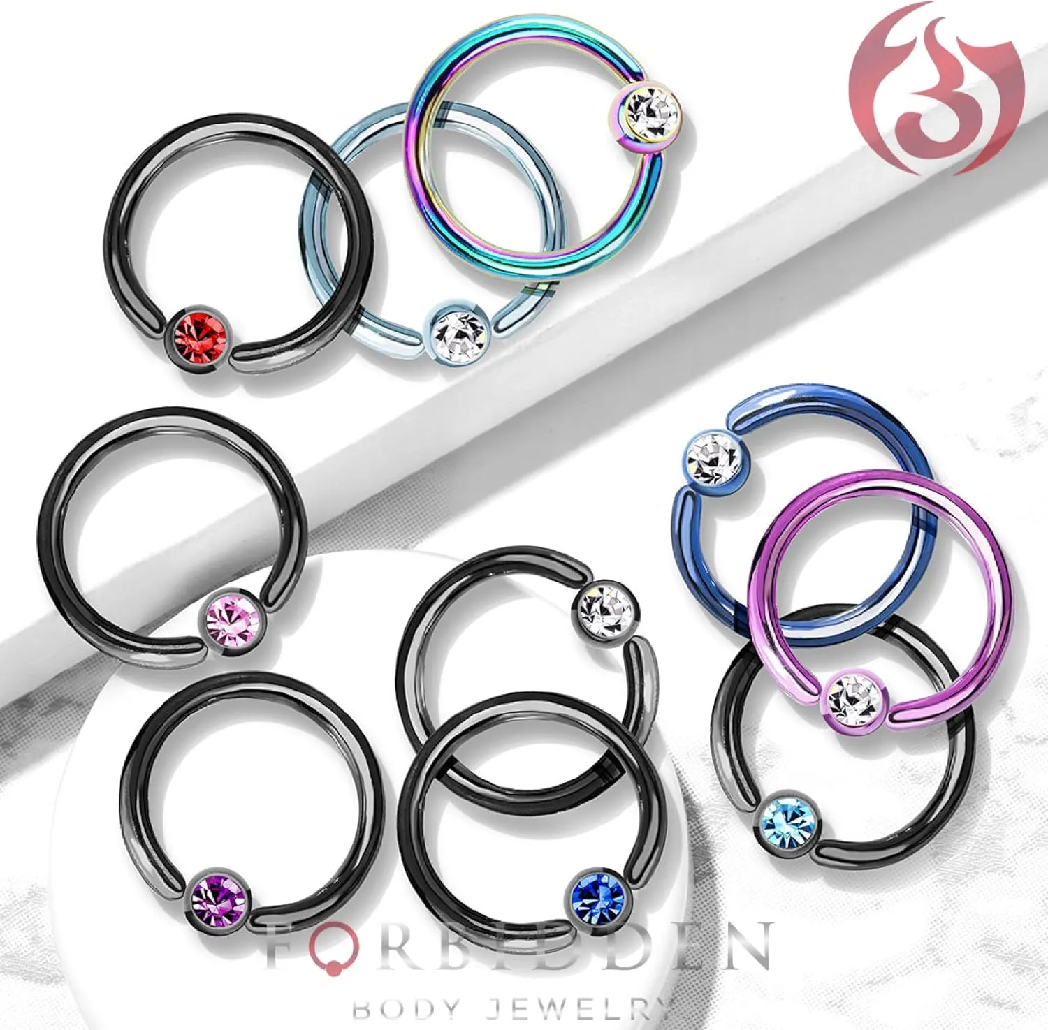 Forbidden Body Jewelry Pair 14g-18g Rainbow & Black Surgical Steel CZ Piercing Hoops (Select Hoop Color/Gauge/Diameter/CZ Color)