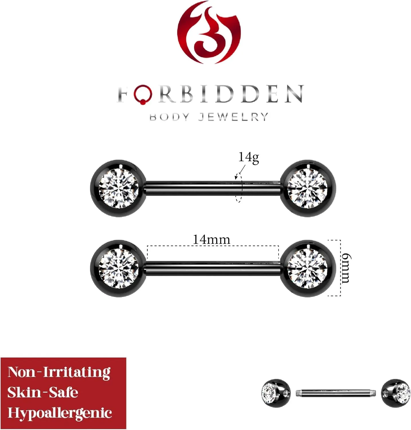 Forbidden Body Jewelry Pair of 14G 14mm IP Plated Surgical Steel CZ Crystal Nipple Ring Barbells