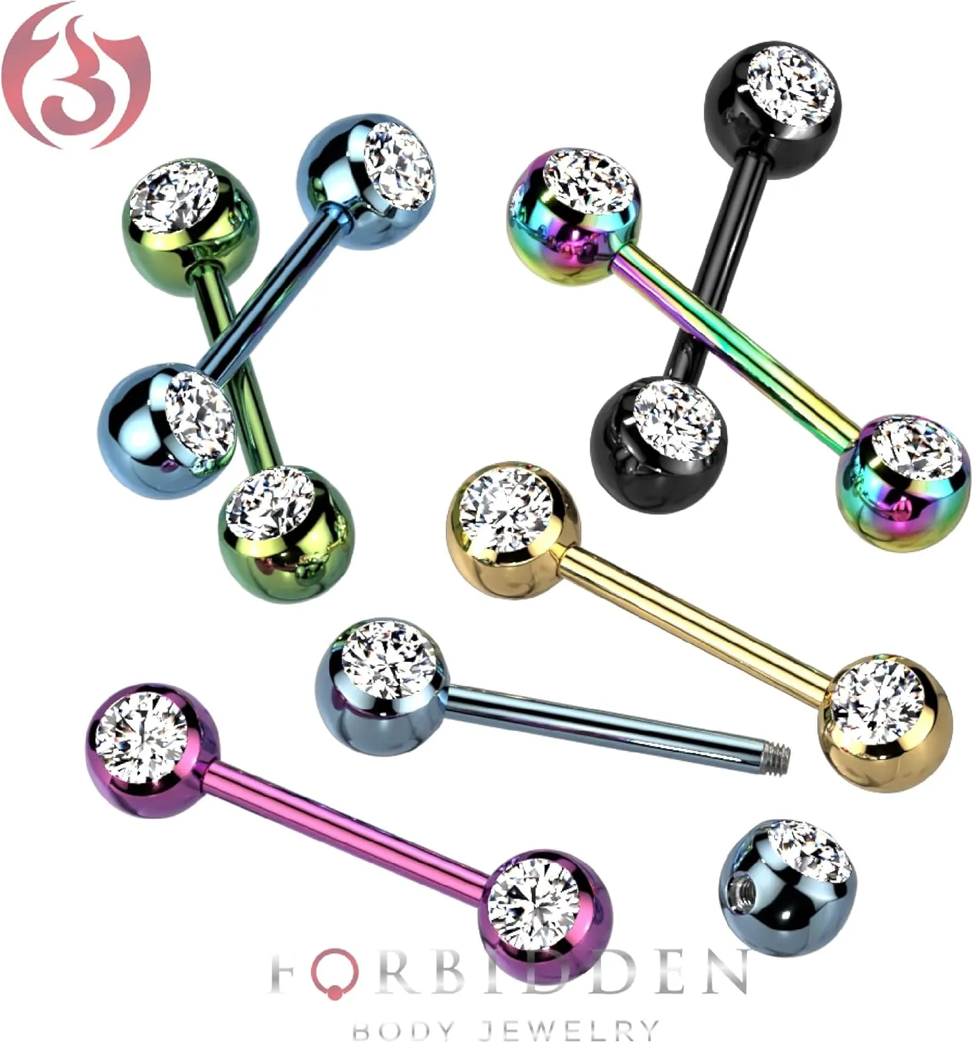 Forbidden Body Jewelry Pair of 14G 14mm IP Plated Surgical Steel CZ Crystal Nipple Ring Barbells