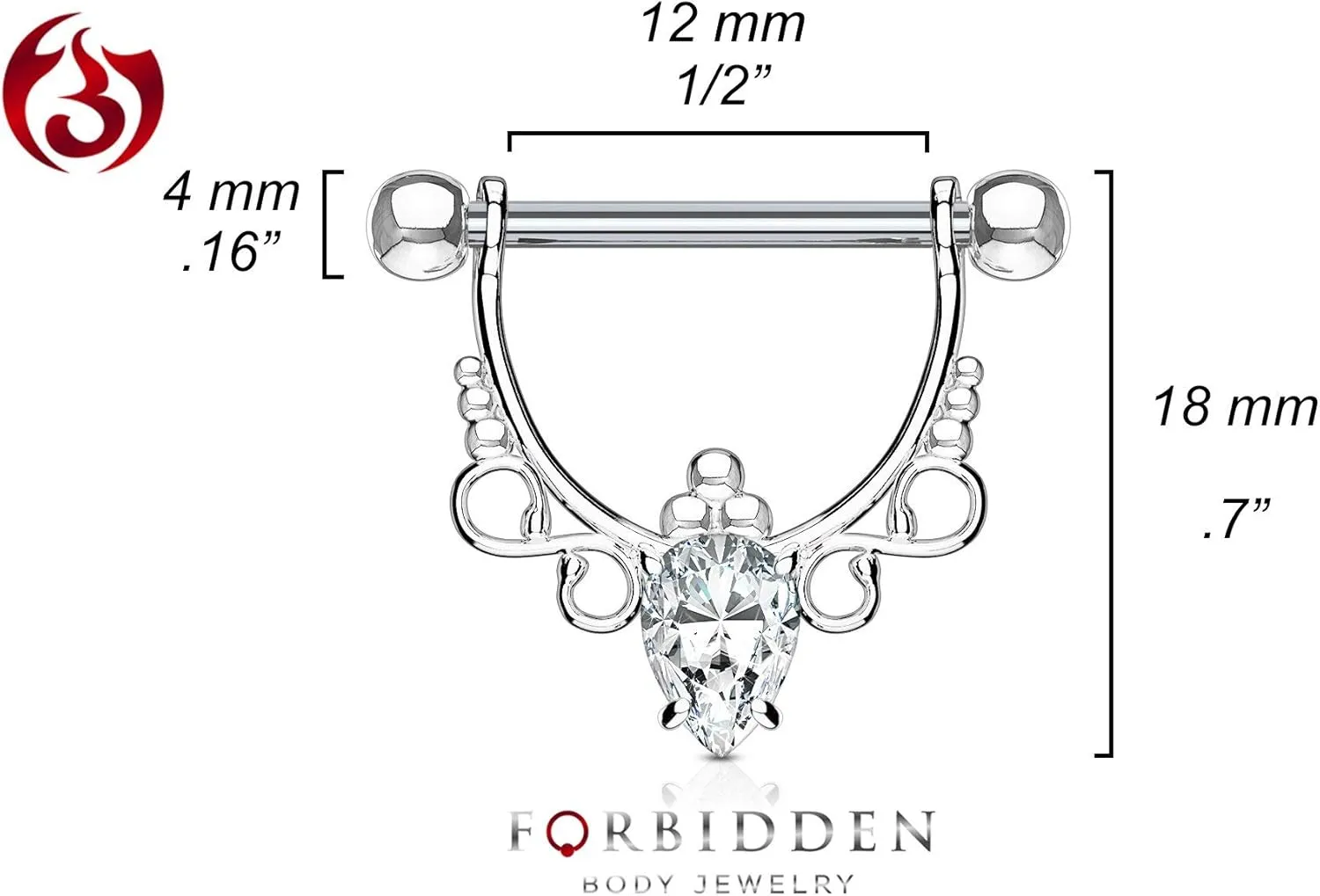 Forbidden Body Jewelry Pair of Surgical Steel 1/2 Inch (12mm) D-Ring Style Fancy CZ Chandelier Dangle Nipple Barbells