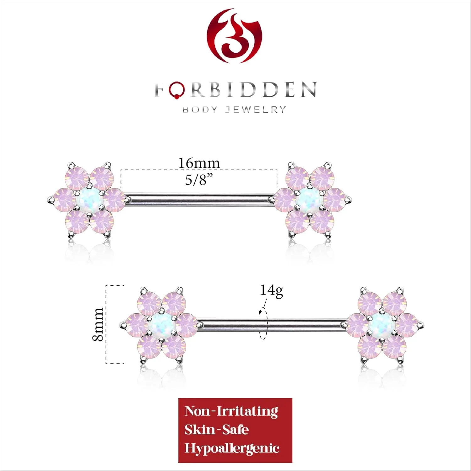 Forbidden Body Jewelry Pair of Surgical Steel 5/8 (16mm) Inch Synthetic Opalite Stone Flower Nipple Barbells