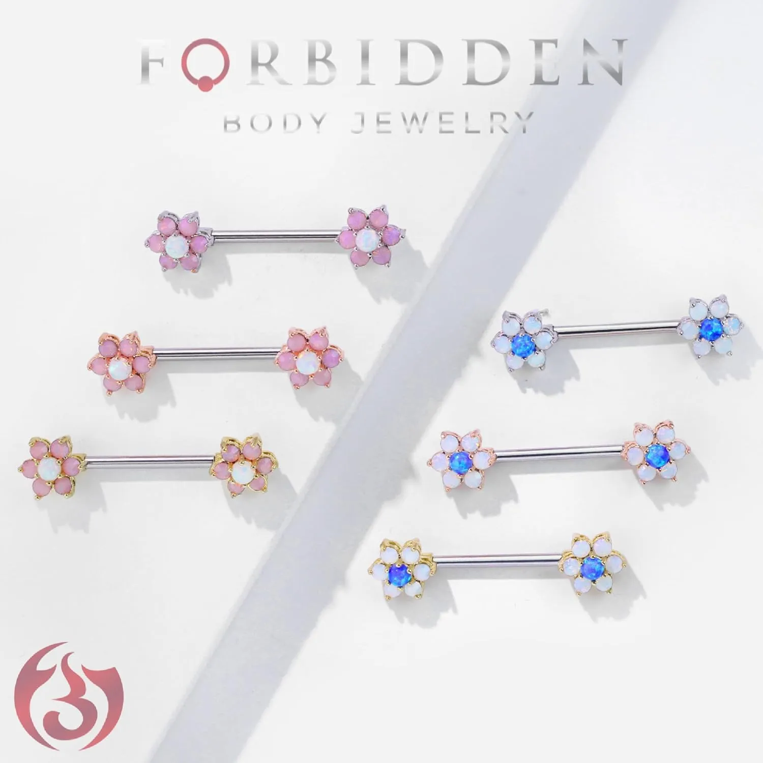 Forbidden Body Jewelry Pair of Surgical Steel 5/8 (16mm) Inch Synthetic Opalite Stone Flower Nipple Barbells