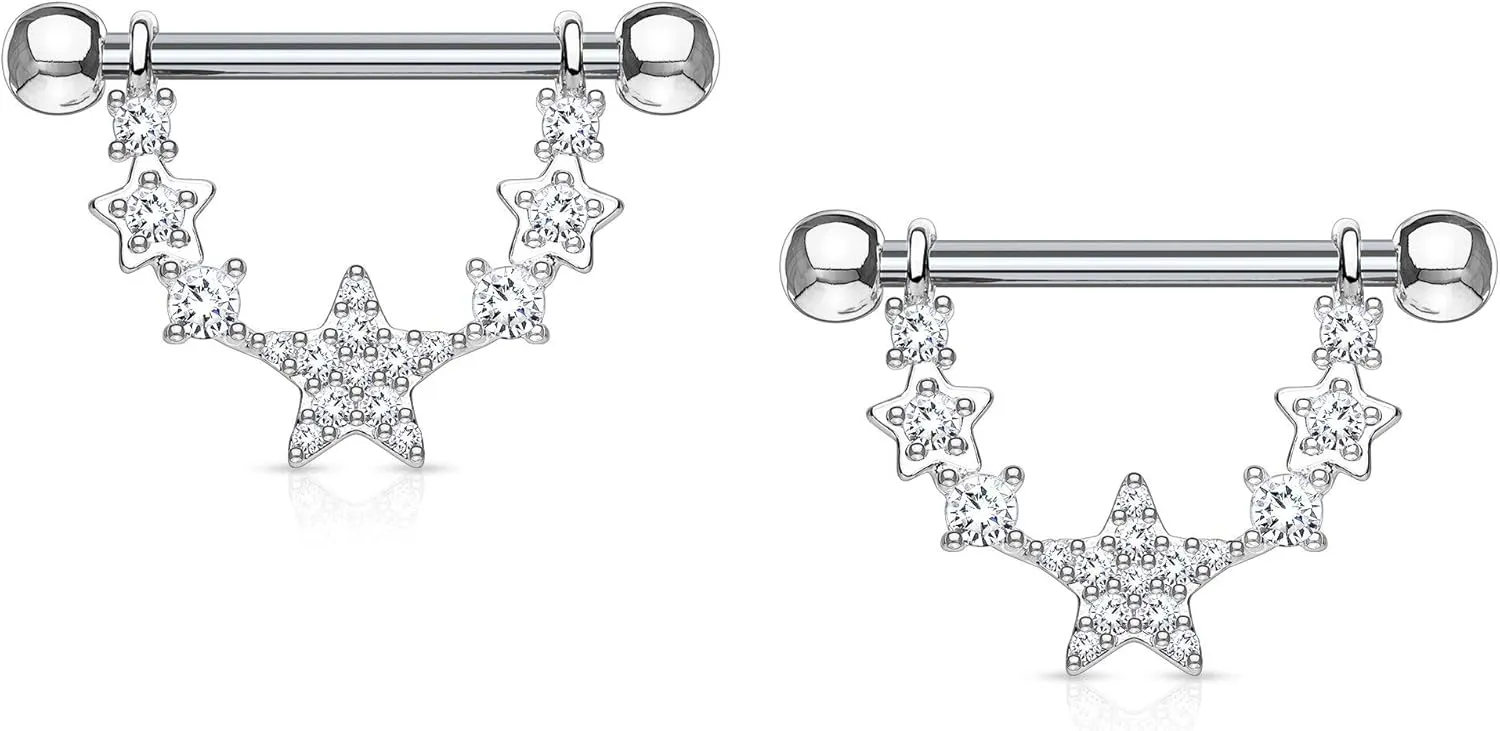 Forbidden Body Jewelry Pair of Surgical Steel 9/16 Inch (14mm) D-Ring Style Pave CZ Star Chain Dangle Nipple Barbells