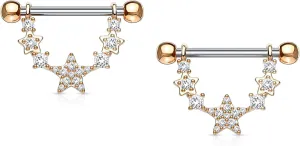 Forbidden Body Jewelry Pair of Surgical Steel 9/16 Inch (14mm) D-Ring Style Pave CZ Star Chain Dangle Nipple Barbells