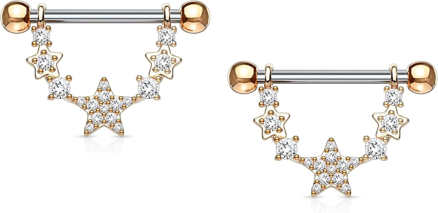 Forbidden Body Jewelry Pair of Surgical Steel 9/16 Inch (14mm) D-Ring Style Pave CZ Star Chain Dangle Nipple Barbells