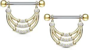 Forbidden Body Jewelry Pair of Surgical Steel 9/16 Inch (14mm) D-Ring Style Pave CZ Triple Rope Dangle Nipple Barbells