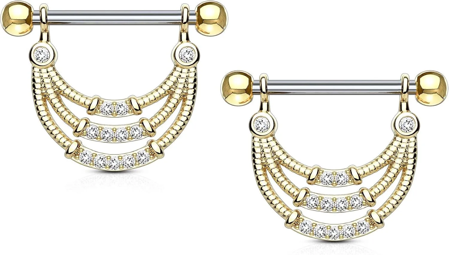 Forbidden Body Jewelry Pair of Surgical Steel 9/16 Inch (14mm) D-Ring Style Pave CZ Triple Rope Dangle Nipple Barbells