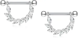 Forbidden Body Jewelry Pair of Surgical Steel 9/16 Inch (14mm) Sexy CZ Vine D-Ring Dangle Nipple Barbells