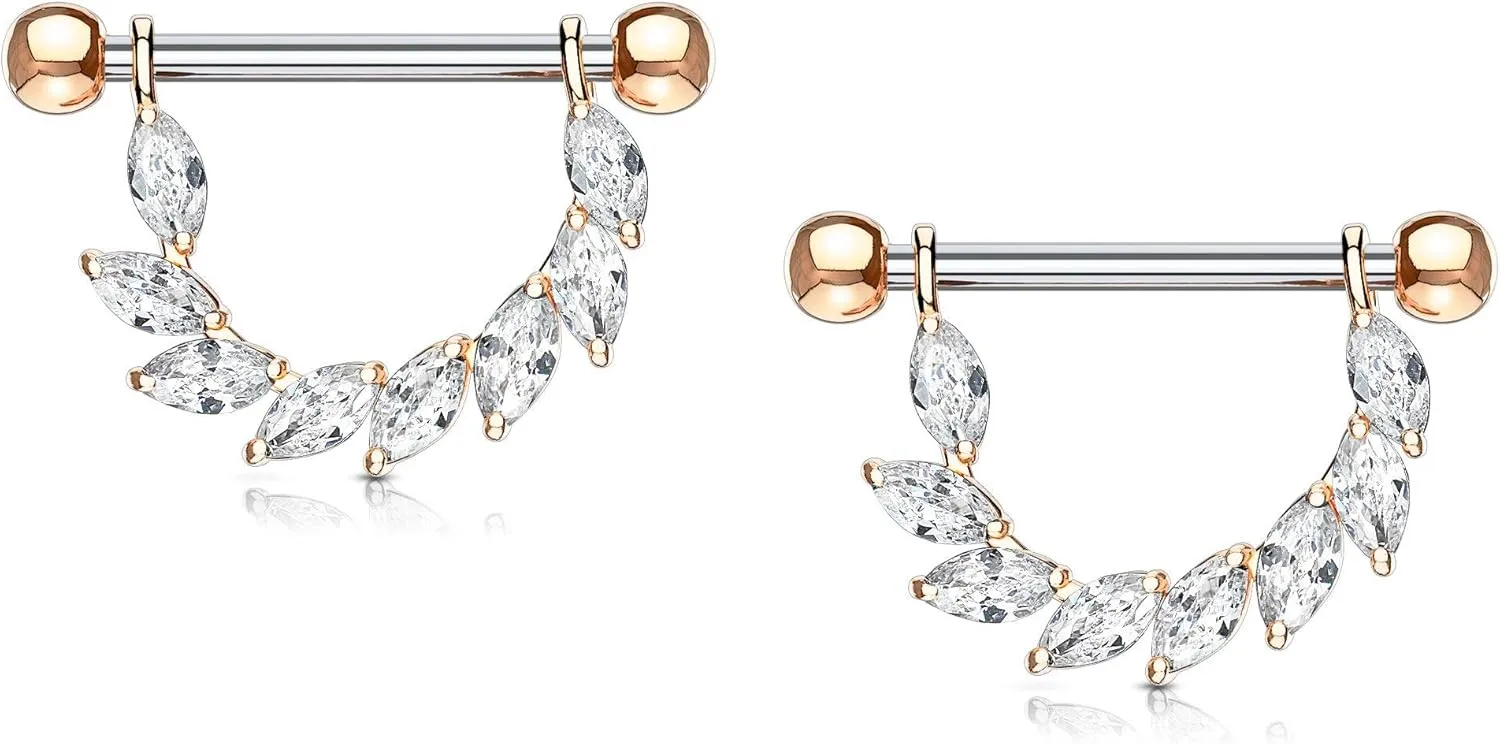 Forbidden Body Jewelry Pair of Surgical Steel 9/16 Inch (14mm) Sexy CZ Vine D-Ring Dangle Nipple Barbells