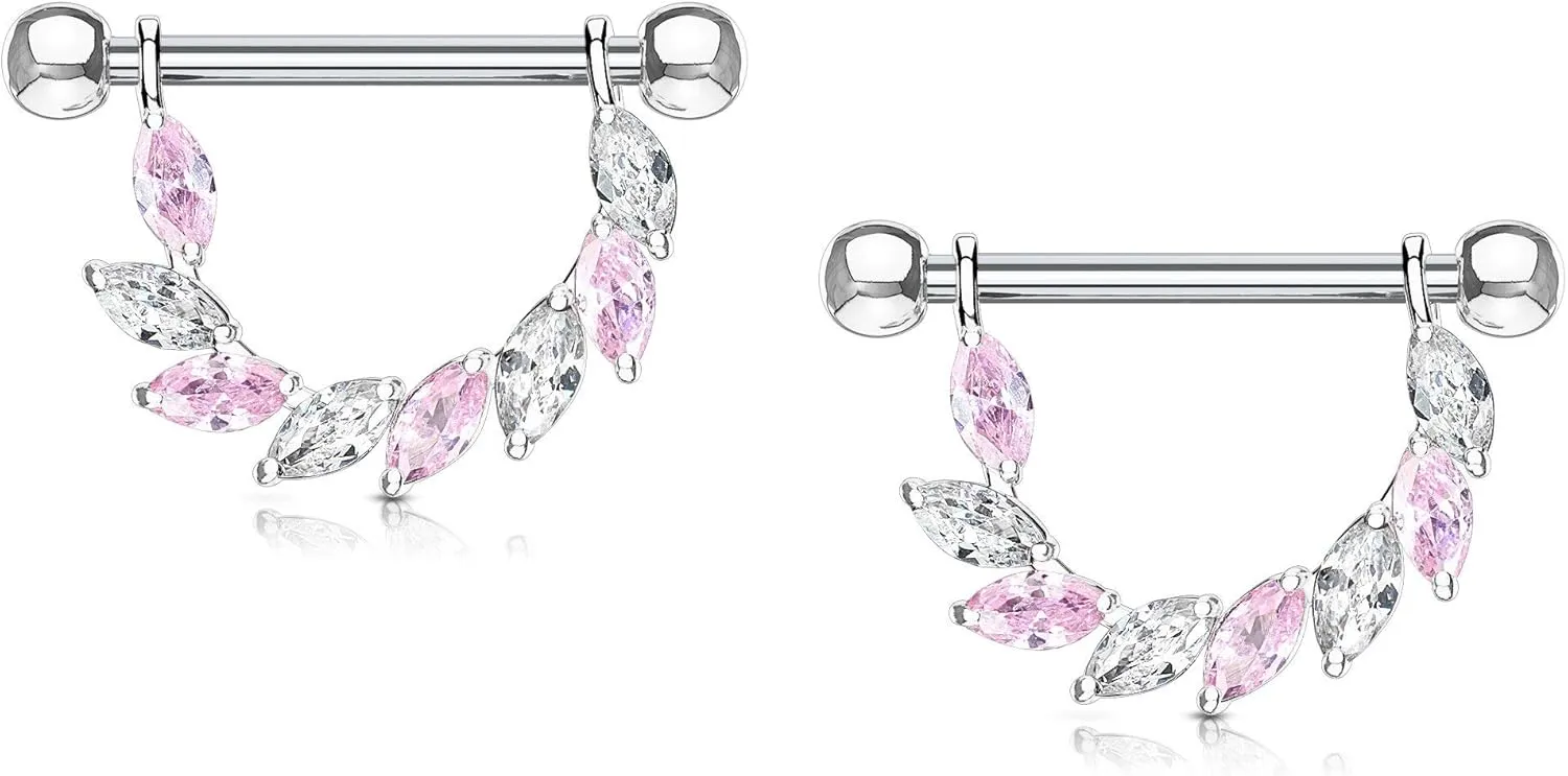 Forbidden Body Jewelry Pair of Surgical Steel 9/16 Inch (14mm) Sexy CZ Vine D-Ring Dangle Nipple Barbells