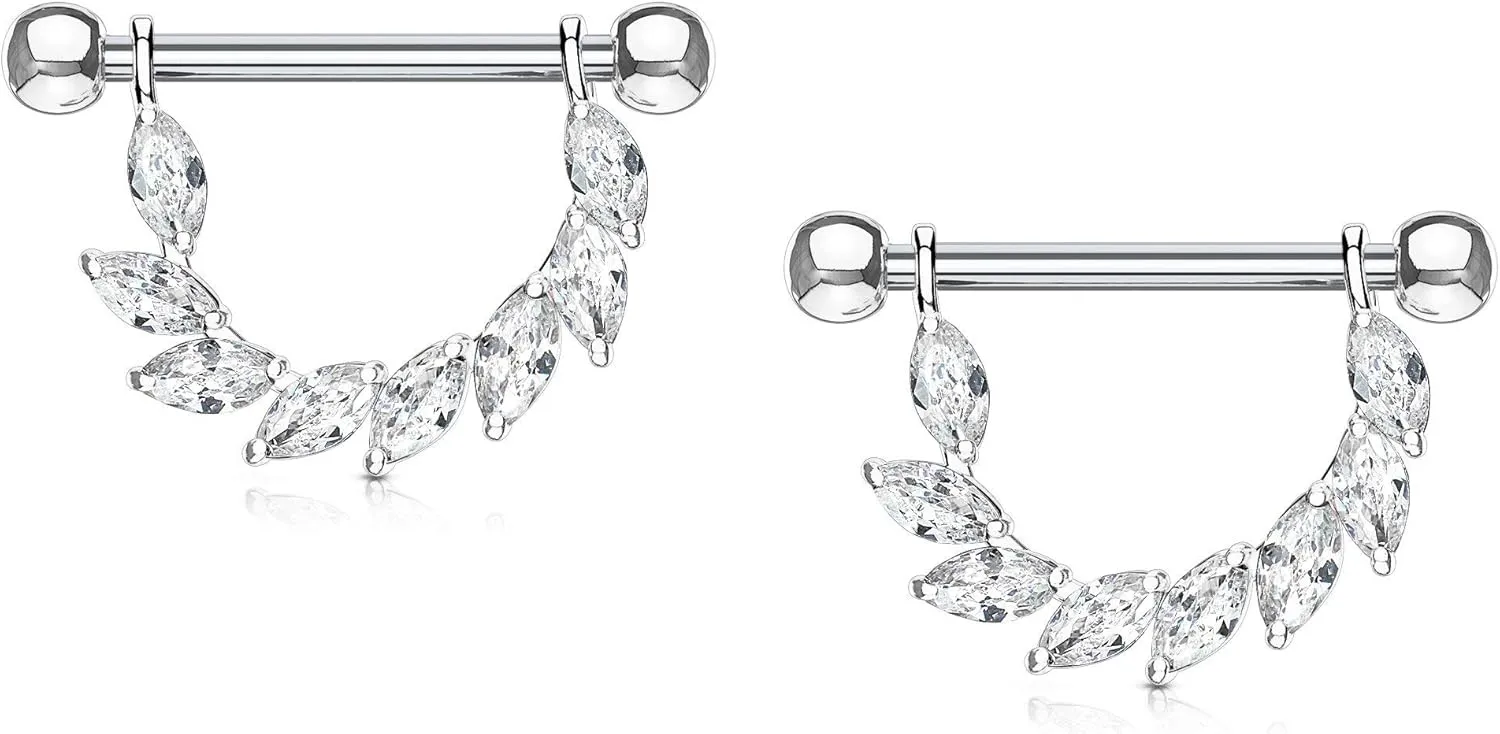Forbidden Body Jewelry Pair of Surgical Steel 9/16 Inch (14mm) Sexy CZ Vine D-Ring Dangle Nipple Barbells