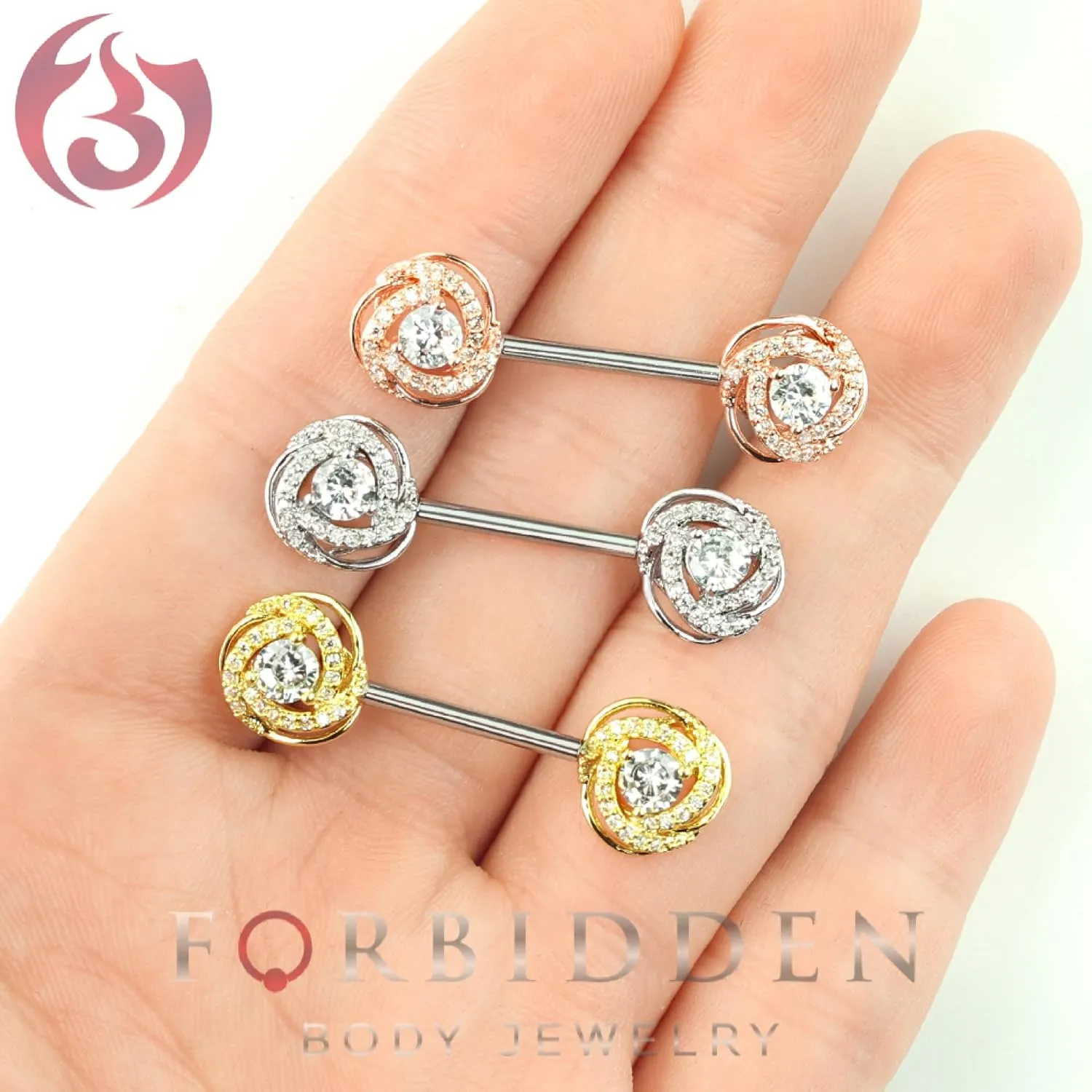 Forbidden Body Jewelry Ultra Glam CZ Swirl Halo Frame Surgical Steel Nipple Barbells