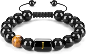 FRG Initials Bracelets for Men Letter Link Handmade Natural Black Onyx Tiger Eye Stone Beads Braided Rope Meaningful Bracelet