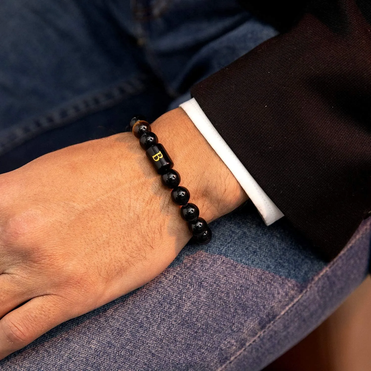 FRG Initials Bracelets for Men Letter Link Handmade Natural Black Onyx Tiger Eye Stone Beads Braided Rope Meaningful Bracelet