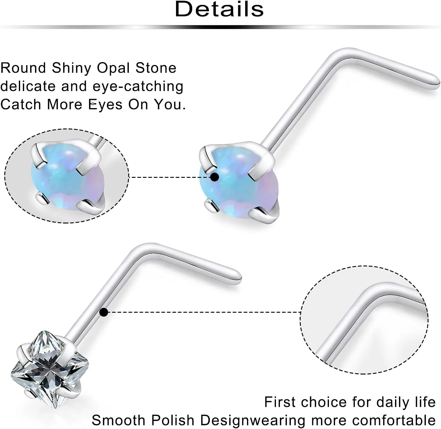 Ftovosyo Hypoallergenic Nose Rings Studs 18G & 20G Surgical Steel Nose Studs L Shaped Nostril Piercing Jewelry with Cubic Zirconia for Women & Men