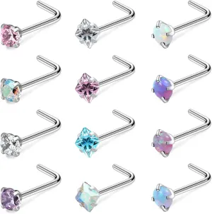 Ftovosyo Hypoallergenic Nose Rings Studs 18G & 20G Surgical Steel Nose Studs L Shaped Nostril Piercing Jewelry with Cubic Zirconia for Women & Men