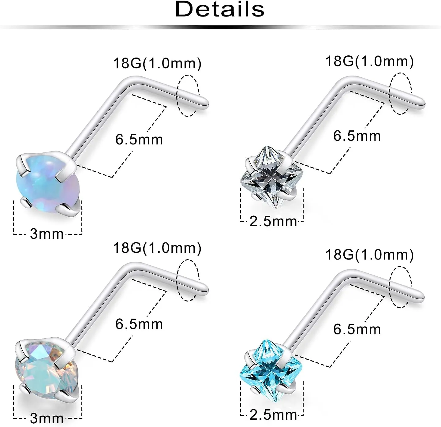 Ftovosyo Hypoallergenic Nose Rings Studs 18G & 20G Surgical Steel Nose Studs L Shaped Nostril Piercing Jewelry with Cubic Zirconia for Women & Men