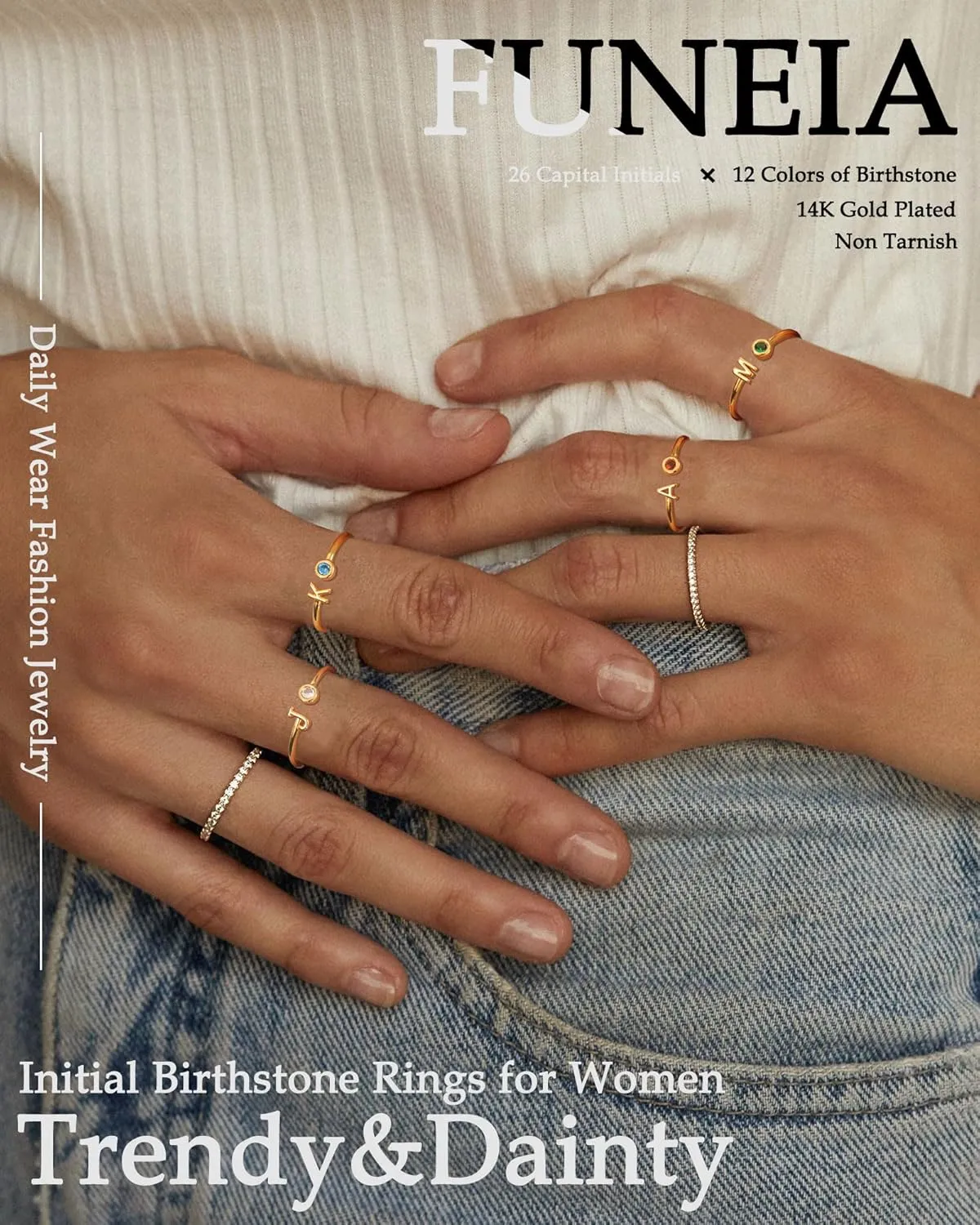 FUNEIA Initial Birthstone Rings for Women Non Tarnish Trendy Stackable Dainty Gold Letter Adjustable Emerald Green Cubic Zirconia Ring for Mothers Daughter Birthday Bridesmaid Gifts Jewelry