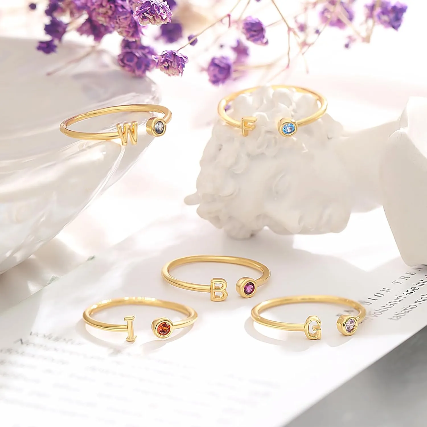 FUNEIA Initial Birthstone Rings for Women Non Tarnish Trendy Stackable Dainty Gold Letter Adjustable Emerald Green Cubic Zirconia Ring for Mothers Daughter Birthday Bridesmaid Gifts Jewelry