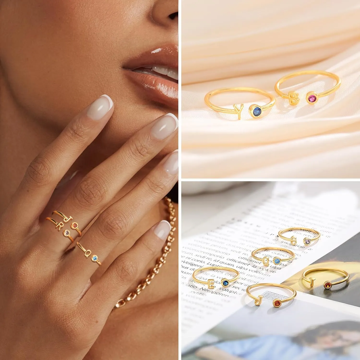 FUNEIA Initial Birthstone Rings for Women Non Tarnish Trendy Stackable Dainty Gold Letter Adjustable Emerald Green Cubic Zirconia Ring for Mothers Daughter Birthday Bridesmaid Gifts Jewelry