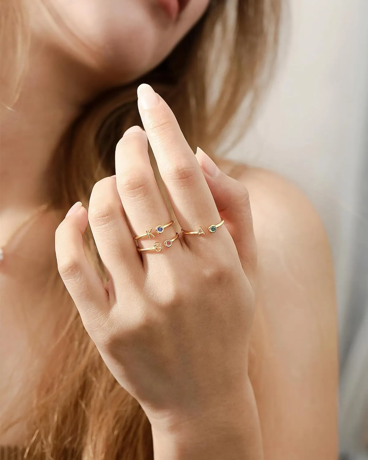 FUNEIA Initial Birthstone Rings for Women Non Tarnish Trendy Stackable Dainty Gold Letter Adjustable Emerald Green Cubic Zirconia Ring for Mothers Daughter Birthday Bridesmaid Gifts Jewelry