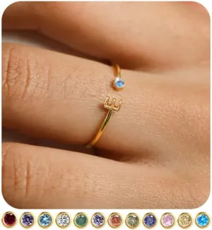 FUNEIA Initial Birthstone Rings for Women Non Tarnish Trendy Stackable Dainty Gold Letter Adjustable Emerald Green Cubic Zirconia Ring for Mothers Daughter Birthday Bridesmaid Gifts Jewelry