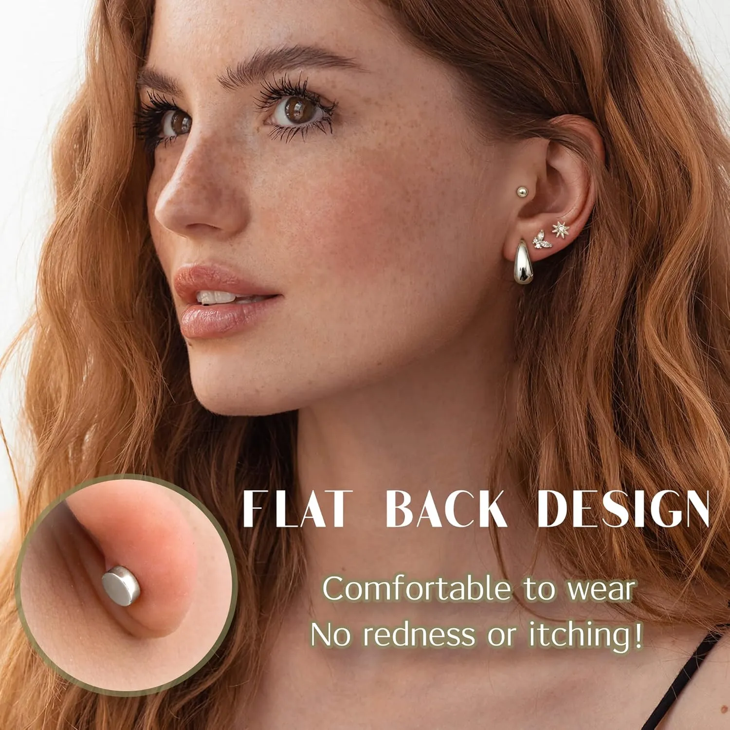 FUNRUN JEWELRY Hypoallergenic Flat Back Stud Earrings for Women Surgical Steel Flatback Studs Cartilage Earring Set for Sensitive Ear 14K Gold Small Huggie Hoop Earrings for Helix Piercing Jewelry