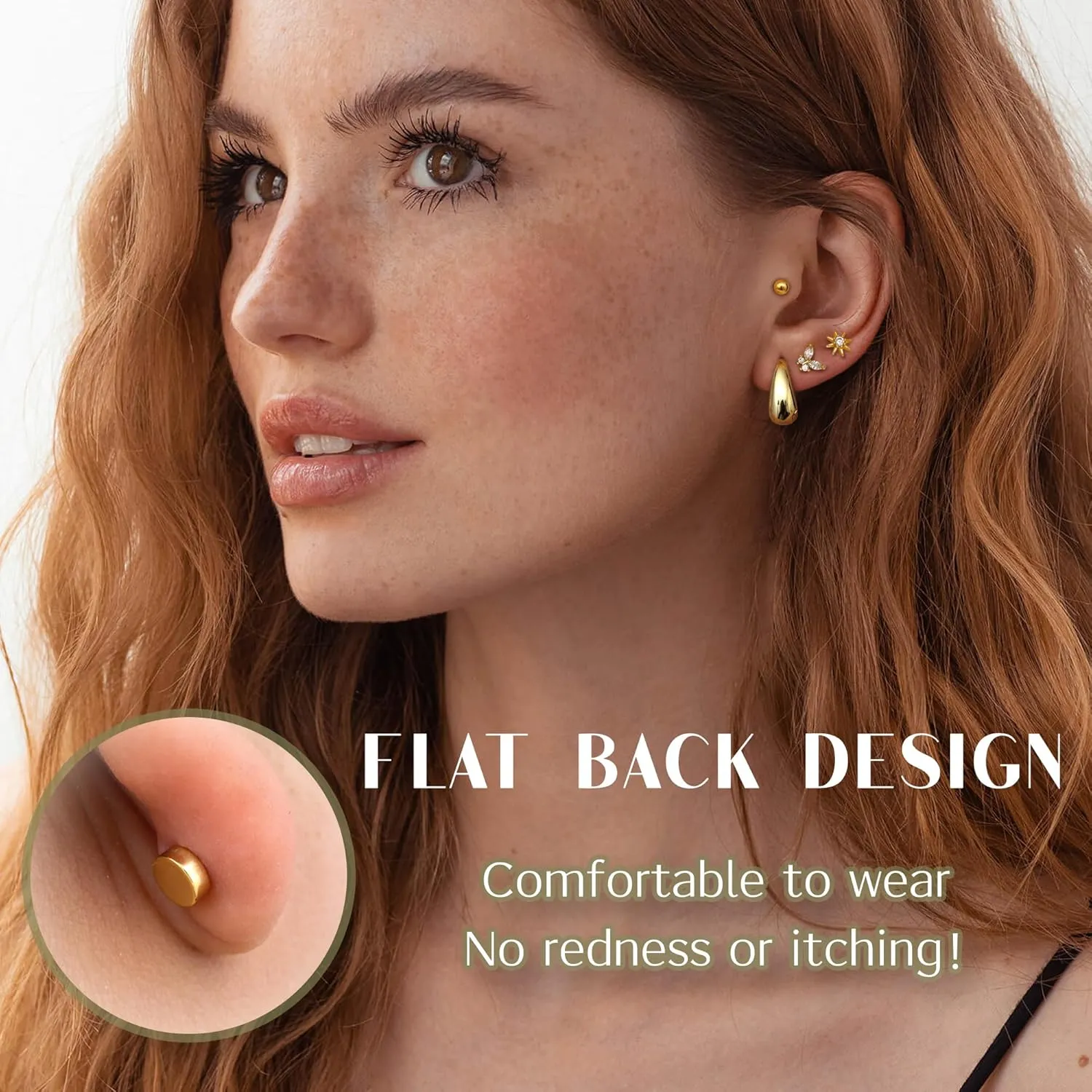 FUNRUN JEWELRY Hypoallergenic Flat Back Stud Earrings for Women Surgical Steel Flatback Studs Cartilage Earring Set for Sensitive Ear 14K Gold Small Huggie Hoop Earrings for Helix Piercing Jewelry
