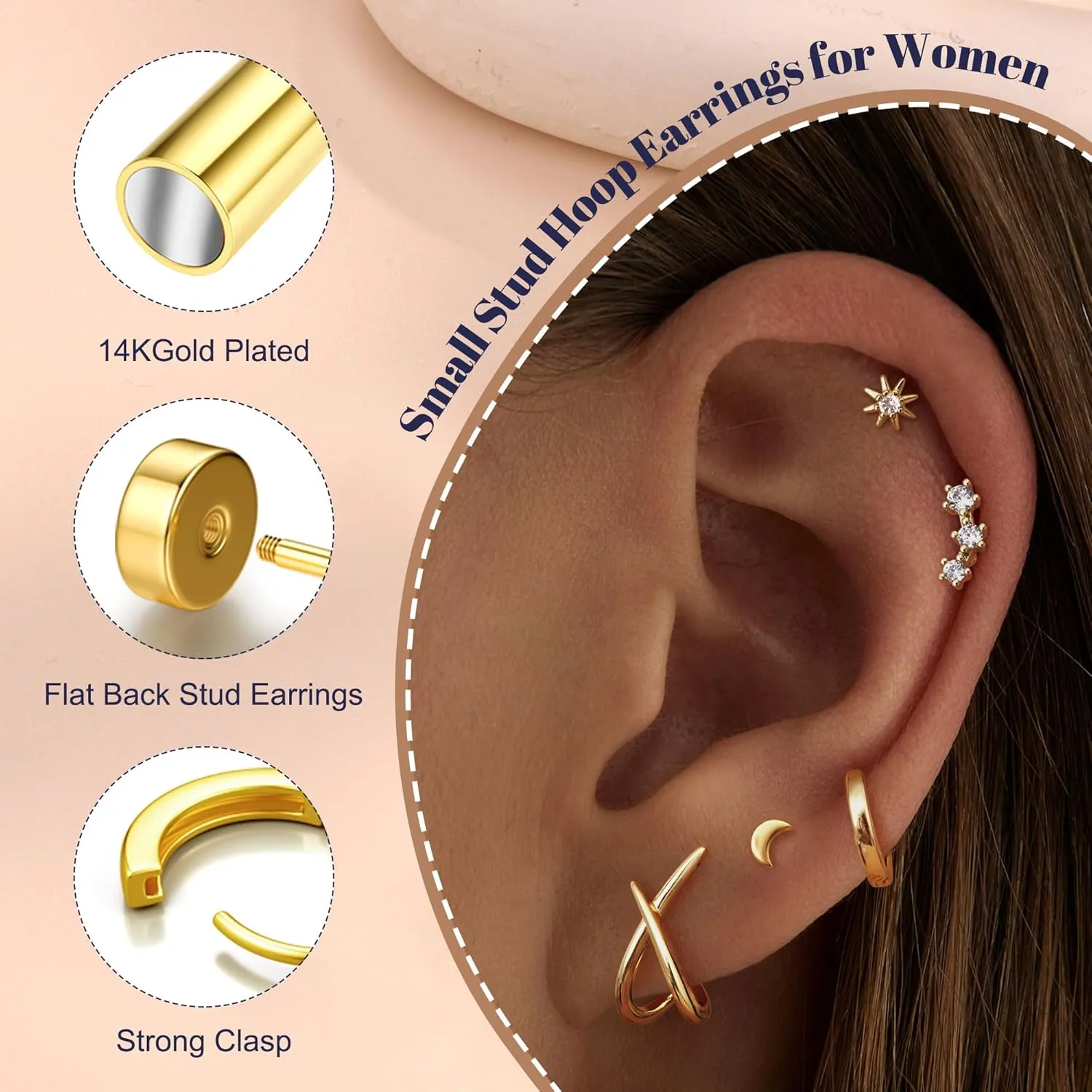 FUNRUN JEWELRY Small Gold Stud Hoop Earrings for Women-5Pairs Hypoallergenic 14K Gold Plated Flat Back Earrings Sets for Multiple Piercing Dainty Earring Stacks Cute Sterling Silver Cartilage Jewelry